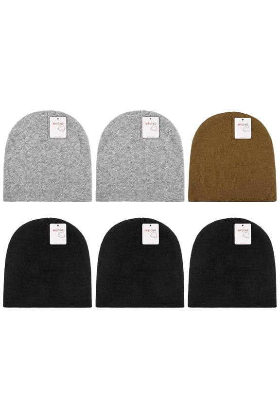 6 Pack Straight Knit Beanie Hat for Men & Women - Winter Warm Skull Cap, Stretchy Unisex Cold Weather Beanie, 3 Black & 2 Brown & 1 Grey