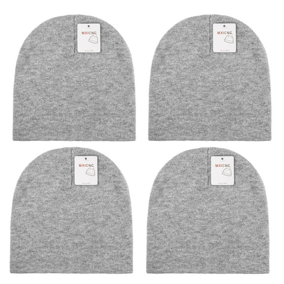 4 Pack Straight Knit Beanie Hat for Men & Women - Winter Warm Skull Cap, Stretchy Unisex Cold Weather Beanie, 4 Grey