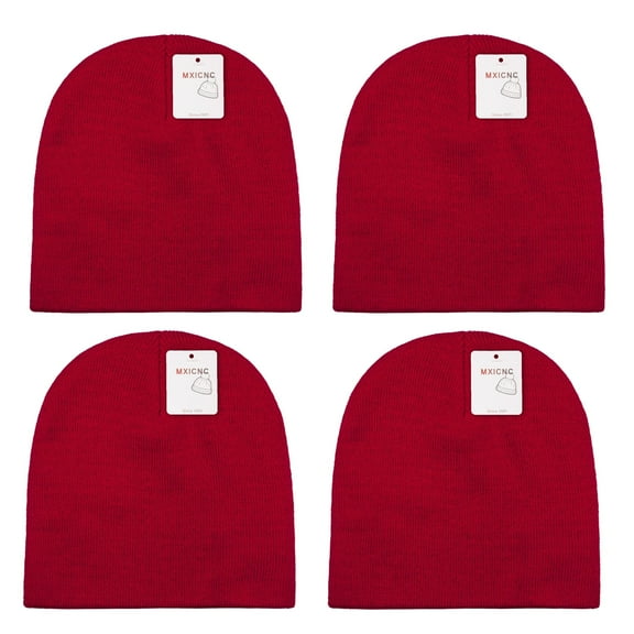 4 Pack Straight Knit Beanie Hat for Men & Women - Winter Warm Skull Cap, Stretchy Unisex Cold Weather Beanie, 4 Red
