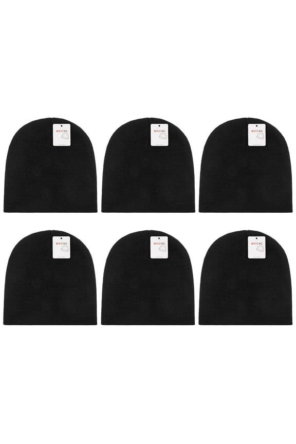 6 Pack Straight Knit Beanie Hat for Men & Women - Winter Warm Skull Cap, Stretchy Unisex Cold Weather Beanie, 6 Black