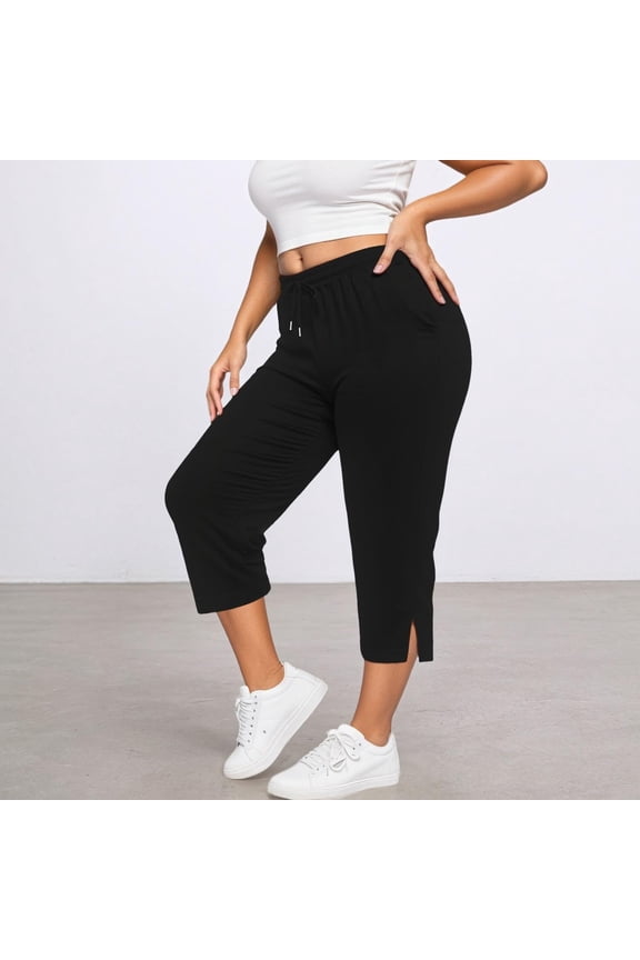 Straight Leg Capri Pants for Women Elastic High Rise Joggers Stretchy Soft Knit Bottoms Side Slit Hem Yoga Workout Activewear