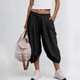 thumbnail image 1 of Straight Leg Capris Womens Boho Linen Capris Elastic Waist Pleated Lantern Cropped Baggy Pants with Pockets Black XL, 1 of 7