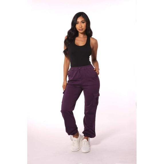 Straight Leg Cargo Pants With Bungee Cord Ties - Purple