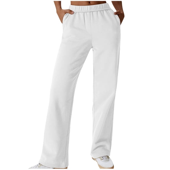 Straight Leg Casual Sweatpants for Women Elastic Waisted Solid Color Lounge Sports Pants with Pockets (3XL, White)
