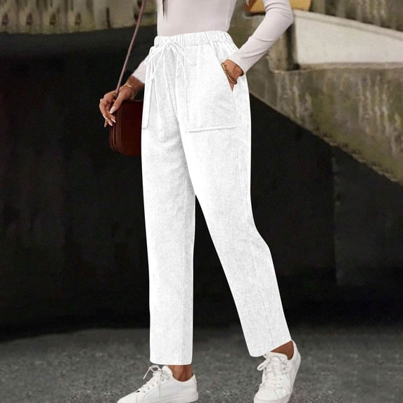 Straight Leg Corduroy Pants Women Comfy Elastic Waist Pants with Pockets Work Trousers Pant Casual Joggers White L