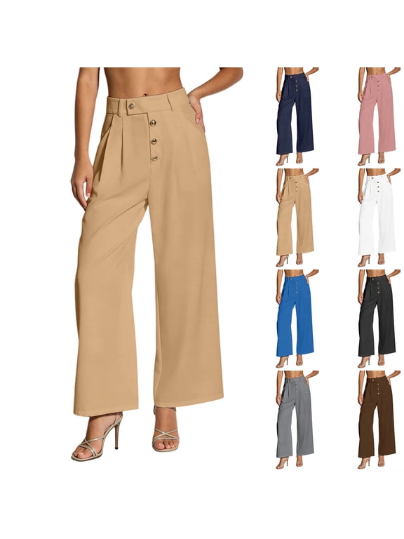 Straight Leg Dress Pants for Women, Solid Color Stretch Button Down Trousers With Elastic Waistband, Versatile Casual Work Pants for Office and Daily Wear