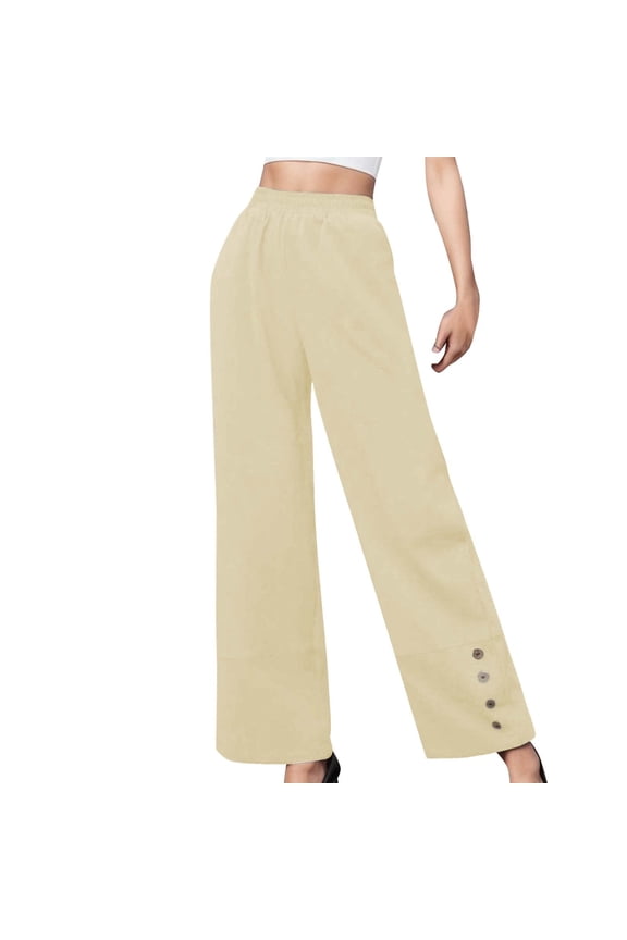 Straight Leg Dressy Pants for Women High Waisted Buttons Loose Solid Color Trousers Ladies Work Casual Long Pants Yellow,XL