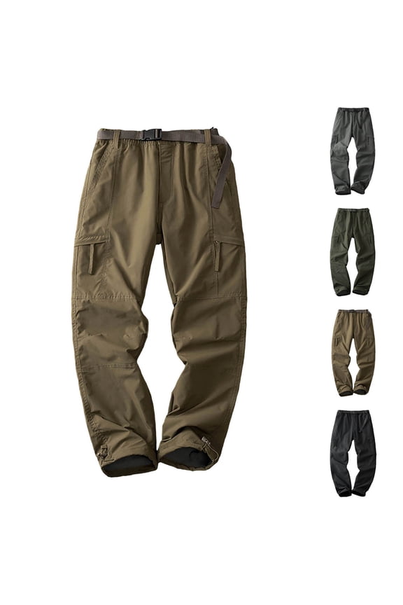 Straight Leg Fleece Lined Cargo Pants For Men Multi-Pocket Plus Size Hiking Outdoors Work Pants Khaki L