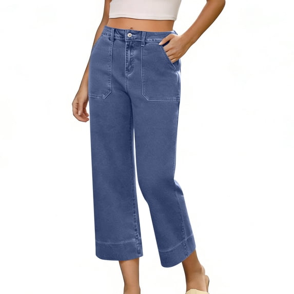 Straight Leg High Rise Trousers for Women Soft Denim Capris Patch Pockets Work Business Outfits
