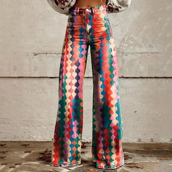 Straight Leg Jeans For Women Floral Print Fashion Elastic Denim Pants Lightweight Workwear Classic Jeans Trousers Red XXXXXL