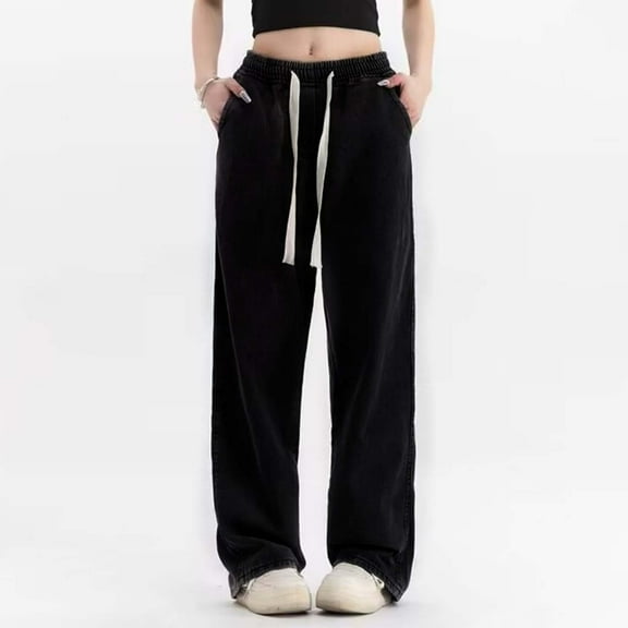 Straight Leg Jeans For Women Loose Fit Casual Elastic Denim Pants Lightweight Comfort Travel Long Jeans With Pocket Black XXL
