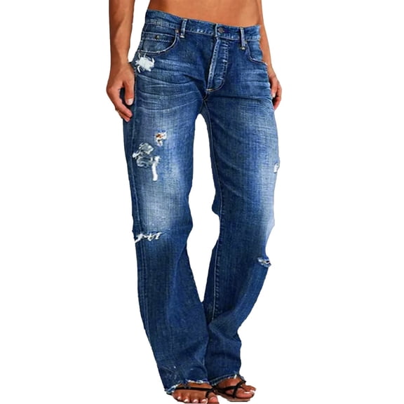 Straight Leg Jeans For Women Ripped Hem Low Waisted Jeans For Women
