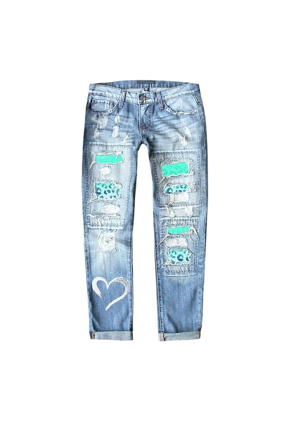 Straight Leg Jeans For Women Valentines Day Heart Patch Ripped Denim Pants Boyfriend Mid Waist Stretch Slim Fit Trousers Blue XXL