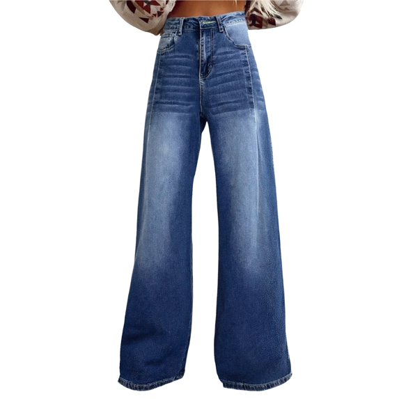 Straight Leg Jeans for Women, Audhol Jeans for Women Loose Stretchy Denim Pants Wide Leg Baggy High Waisted Jeans with Pockets Wide Leg Jeans Dark Blue M