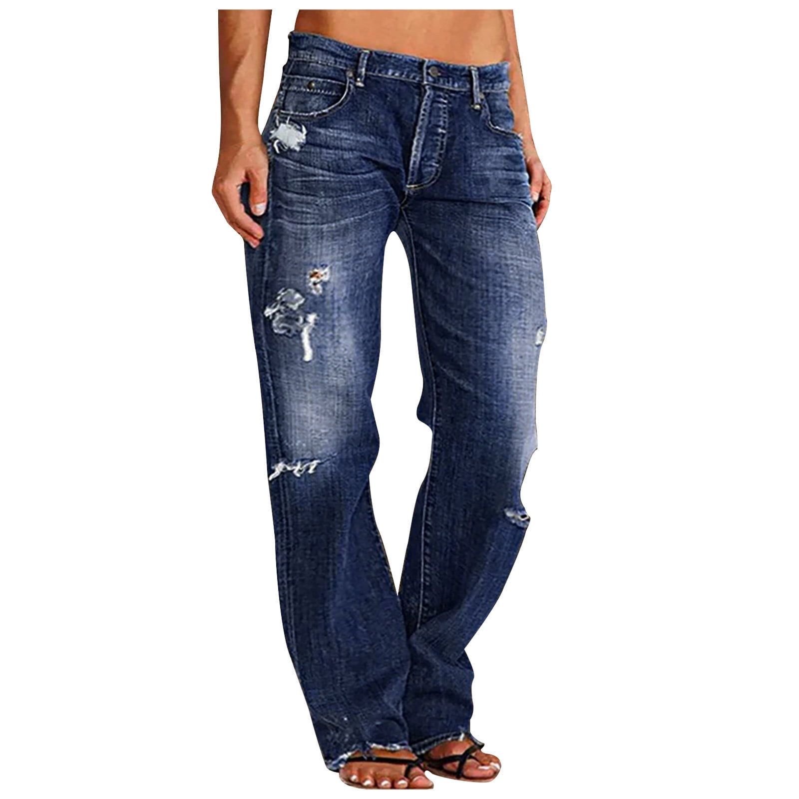 Straight Leg Jeans Women's Wide Leg Casual Ripped High Waisted Baggy ...