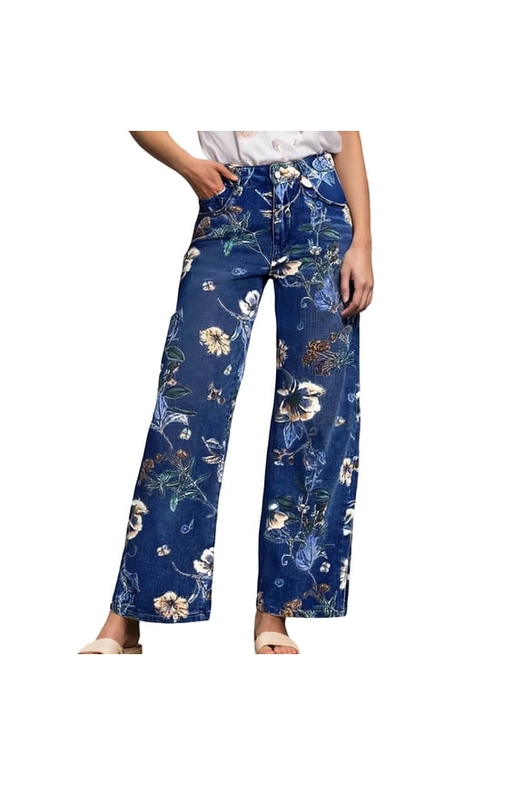 Straight Leg Jeans for Women Floral Print High Waisted Stretchy Loose Fit Tummy Control Denim Pants with Pockets Lightweight Baggy Pants
