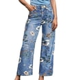 thumbnail image 1 of Straight Leg Jeans for Women Floral Print High Waisted Stretchy Loose Fit Tummy Control Denim Pants with Pockets Lightweight Casual Trousers, 1 of 6
