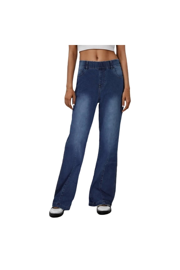 Straight Leg Jeans for Women High Elastic Waisted Pull On Loose Fit Stretchy Denim Pants with Pockets Lightweight Comfy Casual Trousers