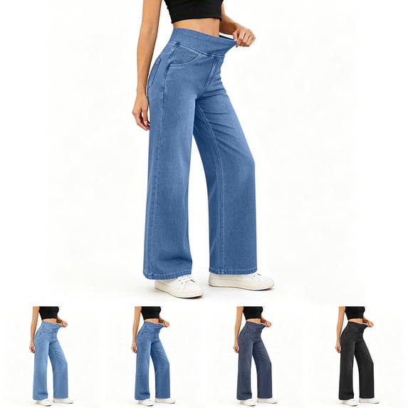 Straight Leg Jeans for Women High Waisted Stretch Denim Pants with Pocket, Fashion Casual Elastic Waist Slim Fit Jean
