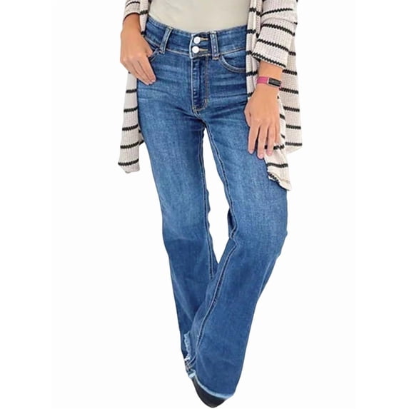 Straight Leg Jeans for Women High Waisted Stretchy Frayed Raw Hem Loose Denim Pants Casual Middle Blue L
