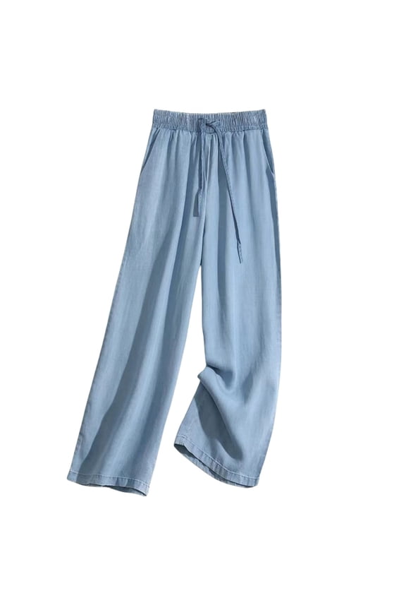 Straight Leg Jeans for Women High Waisted Stretchy Loose Fit Tummy Control Denim Pants with Pockets Drawstring Lightweight Casual Trousers