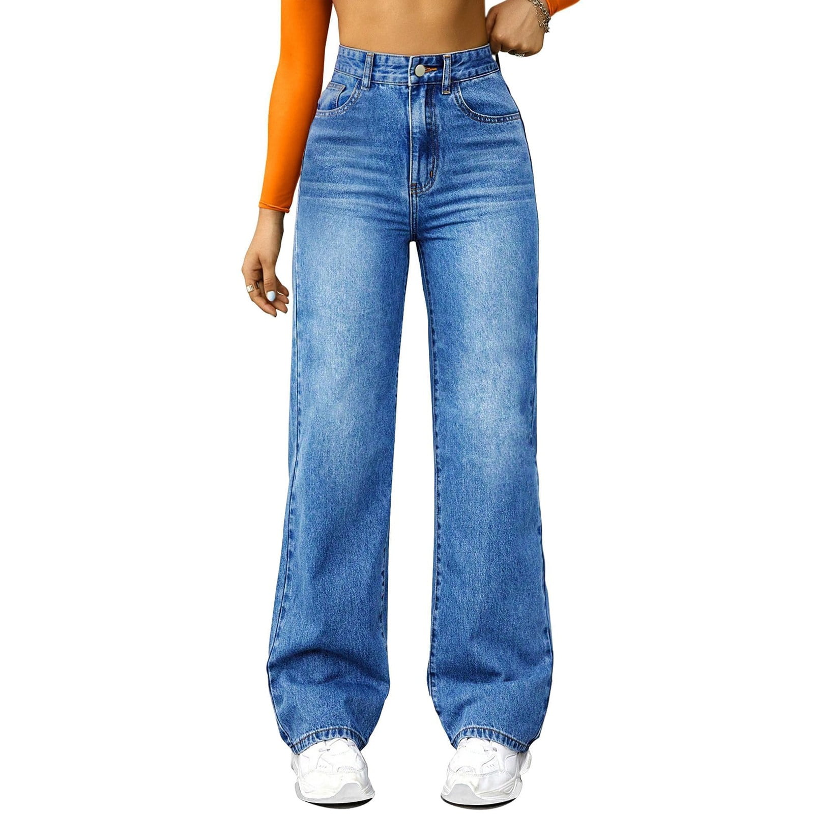 European And American Women's Solid Color Fashion Jeans Sexy Straight Non-Elastic Wide-Leg Jeans