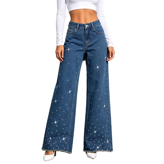 Straight Leg Jeans for Women Low Waist Casual Wide Leg Jeans Rhinestones Zipper 2026 Trendy Baggy Denim Trousers with Pocket