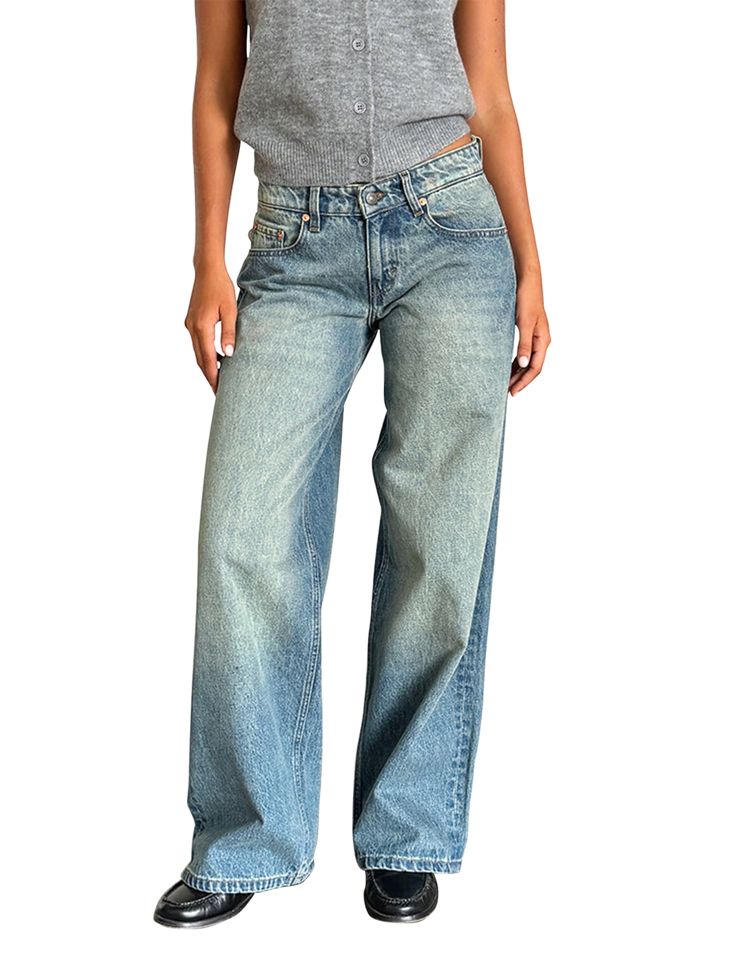 Women's High Waisted Wide Leg Jeans - Straight Leg Boyfriend Denim, Stretch Comfort, Five-Pocket, Raw Hem