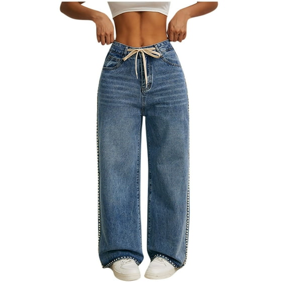 Straight Leg Jeans for Women Mid Waist Casual Baggy Drawstring Adjustable Denim Jeans Vintage Boyfriend Streetwear