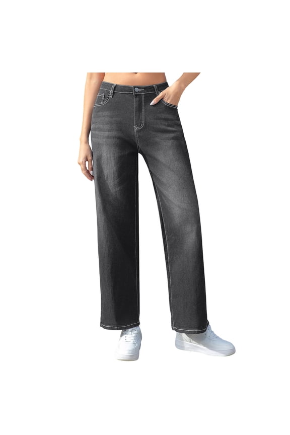 Straight Leg Jeans for Women Mid Waisted Casual Washed Vintage Loose Fit Boyfriend Jeans Loose Fit Bootleg Denim Pants
