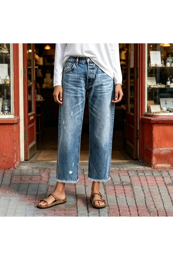 Straight Leg Jeans for Women Spring Summer Frayed Hem Stretchy High Waisted Distressed Cropped Denim Pants, 2026 New Limited Time Offer