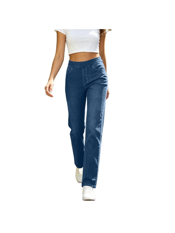 Straight Leg Jeans for Women Stretchy Pull On Denim Sweatpant Jeans High Waisted Jean Elastic Waist Casual Denim Pants