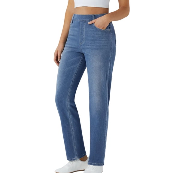 Straight Leg Jeans for Women Stretchy Pull on Sweatpant Jean Trendy Tummy Control High Waisted Denim Pants Light Blue M