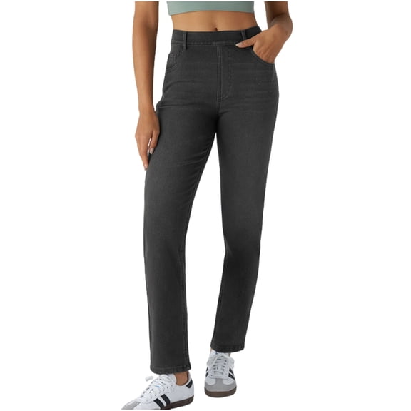Straight Leg Jeans for Women Stretchy Pull on Sweatpant Jean Trendy Tummy Control High Waisted Denim Pants