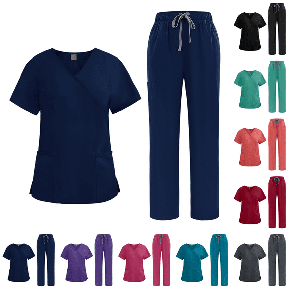 Straight Leg Jogger Scrub Set Womens Stretch V-Neck Scrub Top & Cargo Pant Medical Uniform Dark Blue L
