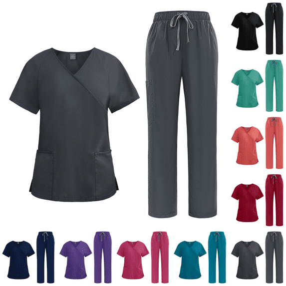 Straight Leg Jogger Scrub Set Womens Stretch V-Neck Scrub Top & Cargo Pant Medical Uniform Dark Grey S