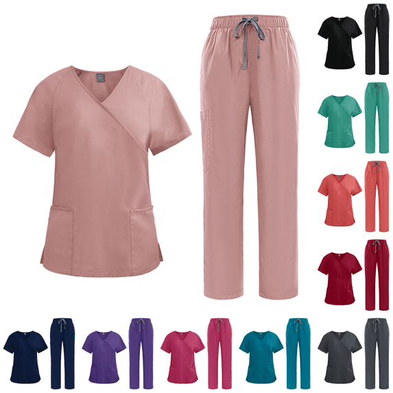 Straight Leg Jogger Scrub Set Womens Stretch V-Neck Scrub Top & Cargo Pant Medical Uniform Pink S
