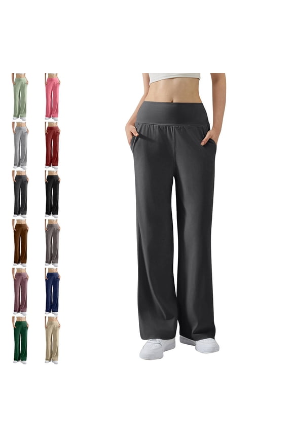 Straight Leg Leggings High Stretch Yoga Pants Women Soft High Waisted Casual Wide Leg Pants with Pockets Black 30"