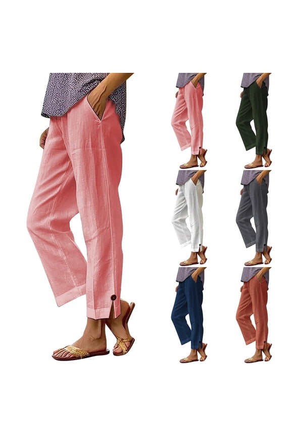 Straight Leg Linen Cotton Pants Women Casual Loose Fit Solid Color Daily Trousers Elastic High Waisted Beach Summer Palazzo Pants with Side Split and Pockets Orange Pant,Size S-3XL