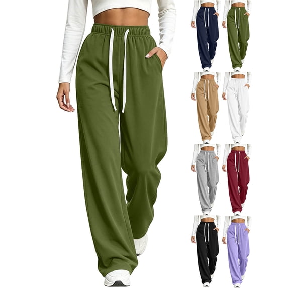 Straight Leg Lounge Sweatpants for women,Elastic High Waist Drawstring,Solid Color Casual Loose Wide Leg Pants with Side Pockets for Vacation and Travel