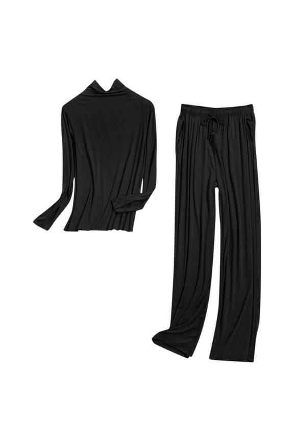 Straight Leg Modal Pajama Set - Semi-Turtleneck Long Sleeve Lounge Wear (Pink/Purple/Blue/Black, M-XXXXL) | Hontri | Round Neck Cotton Long Set Women's Thermal Underwear Thin Cotton (Black | M)