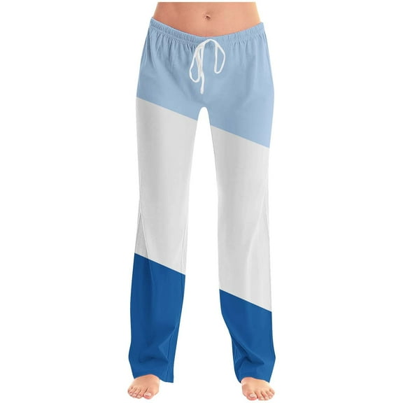 Straight Leg Pants For Women Elastic Waist Drawstring Color Block Trousers Loose Casual Comfy Sports Workness Outfits (S, Blue)