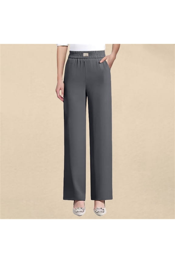 Straight Leg Pants for Senior Women, High Waist Pull On Pants with Perfect Drape, Comfortable Elastic Waist Trousers for Casual Wear, Timeless Style Grey S