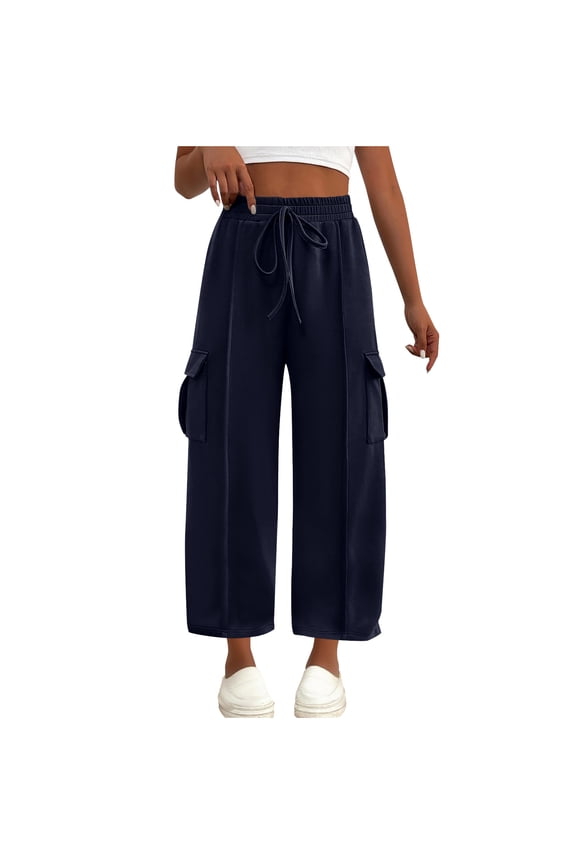 Straight Leg Pants Women Elastic Waisted Drawstring Seam Front Cargo Sweatpants with Side Pockets Slouchy Solid Color Athletic Lounge Pant Fall Winter Trendy Trousers 2025