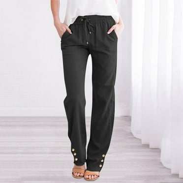 Straight Leg Pants Women │ High Waisted Pants, Women's Pants, Women's Casual Straight Leg Pants Loose Solid Color Drawstring High Waist Elastic Comfy Trousers with Pockets, Black, S