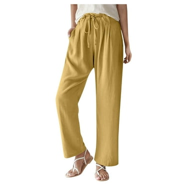Straight Leg Pants Women │ Travel Clothes Women, Baggy Pants Women, Culottes for Women, Linen Pants Women, Womens Casual Elastic Waist Solid Comfy Jogging Jogger Pants with Pockets, Khaki, S