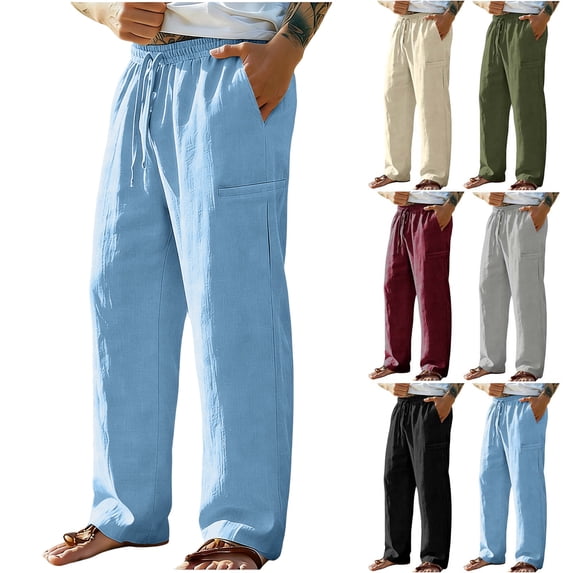Straight Leg Pants for Men Elastic Waist Solid Color Relaxed Fit Long Pants for Beach for Travel & Lounging