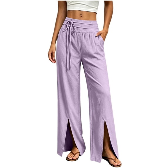 Straight Leg Pants for Women Casual Side Slit Hem Trousers with Decorative Drawstring Waist and Pockets for Resort Travel City Walks Weekend Summer