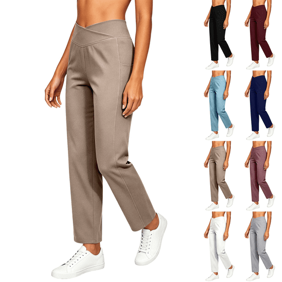 Straight Leg Pants for Women Elastic High Waist Casual Trousers with Pockets Solid Color Pull On Comfy Work Daily Lounge Pants,Sizes S-2XL