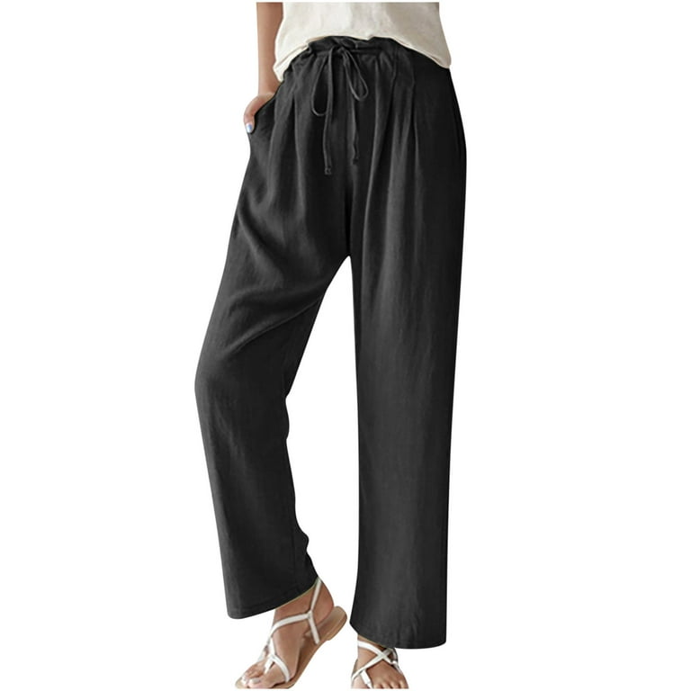 Straight Leg Pants for Women Elastic Waist Solid Color Loose Pockets  Versatile Pants Ladies Casual Lace up Trousers (3X-Large, BlackA5) 